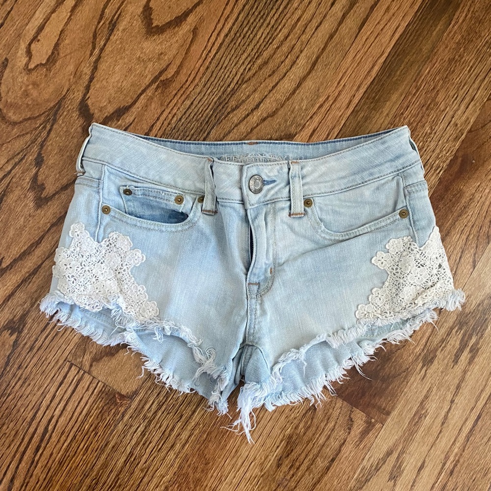 AE crochet denim cut off shorts